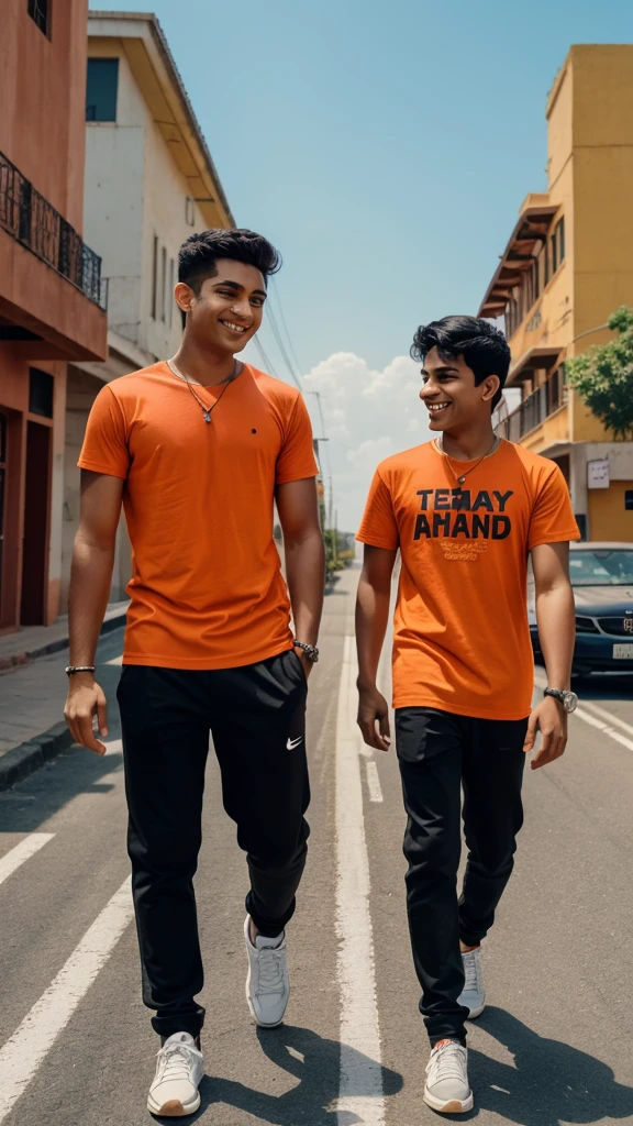 18 years old two indian boys walking on road, they are talking each other with laughing, first boy is wearing Orange T-shirt, with black pant, with name “Ahad” and second boy wearing Black T-shirt on which Name “Samad” is written, realistic image, 4k quality image. the words best friends written at top sky , make sure name should be visible