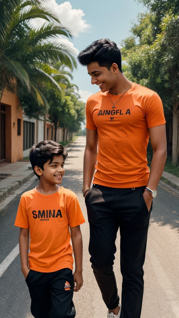 18 years old two indian boys walking on road, they are talking each other with laughing, first boy is wearing Orange T-shirt, with black pant, with name “Ahad” and second boy wearing Black T-shirt on which Name “Samad” is written, realistic image, 4k quality image. the words best friends written at top sky , make sure name should be visible