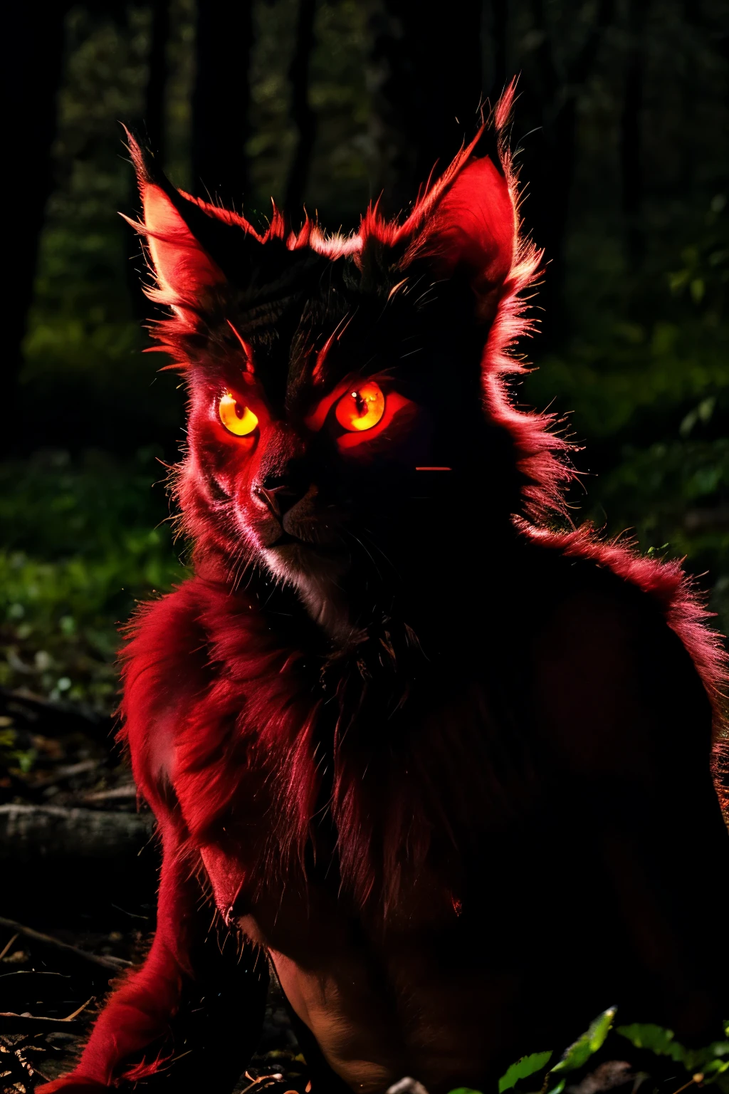 A big, ugly creature(human-like form) bushy fur with bright red eyes and a spike on the head, in the forest at night near the campfire