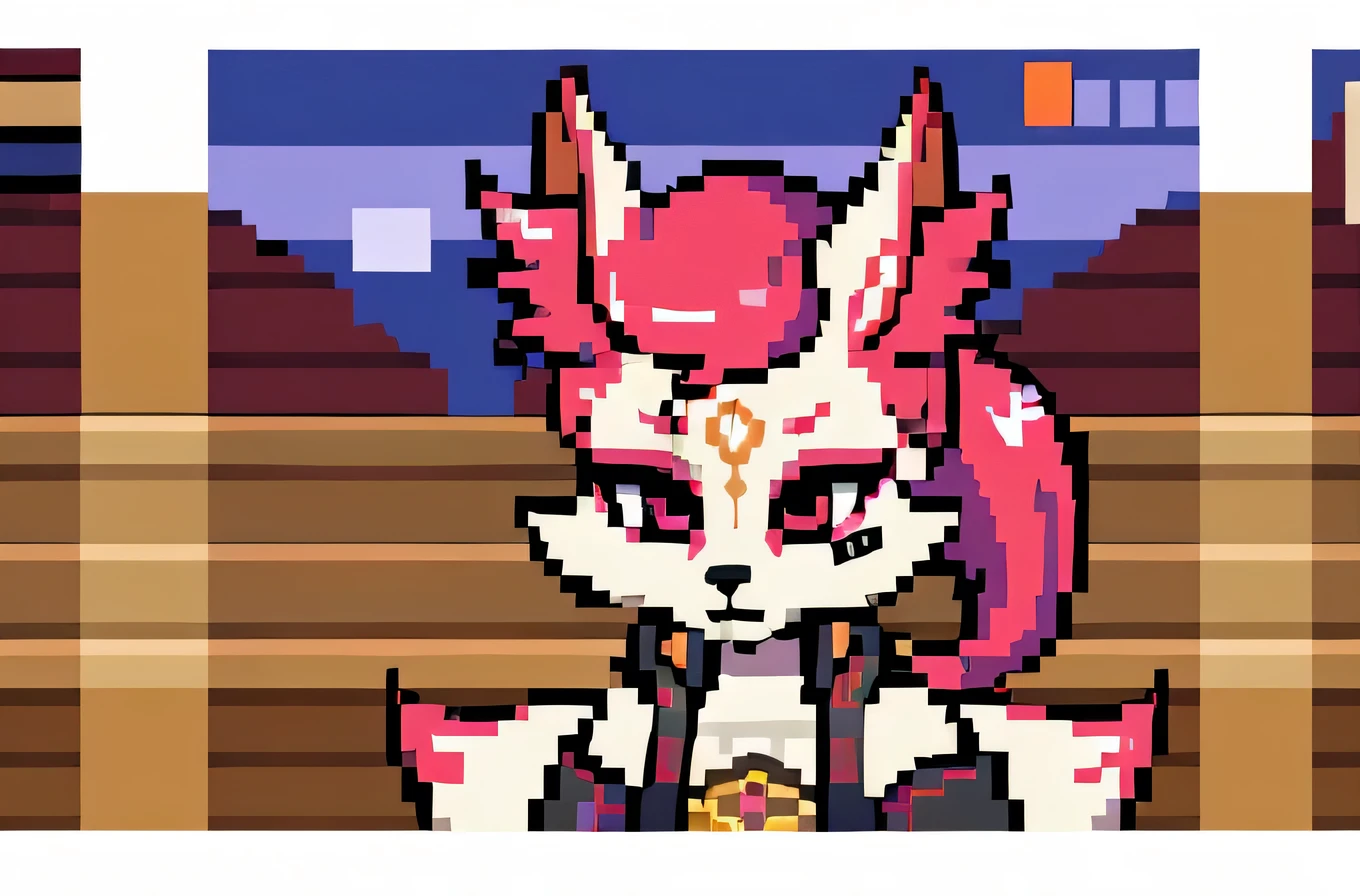 kimiko, furry female anthro, fox girl, white body fur, Pink hair, multiple tails, multi tail, solo, body fur, short ponytail, scar on the eye, masterpiece, ((pixel art, 8 bit))
