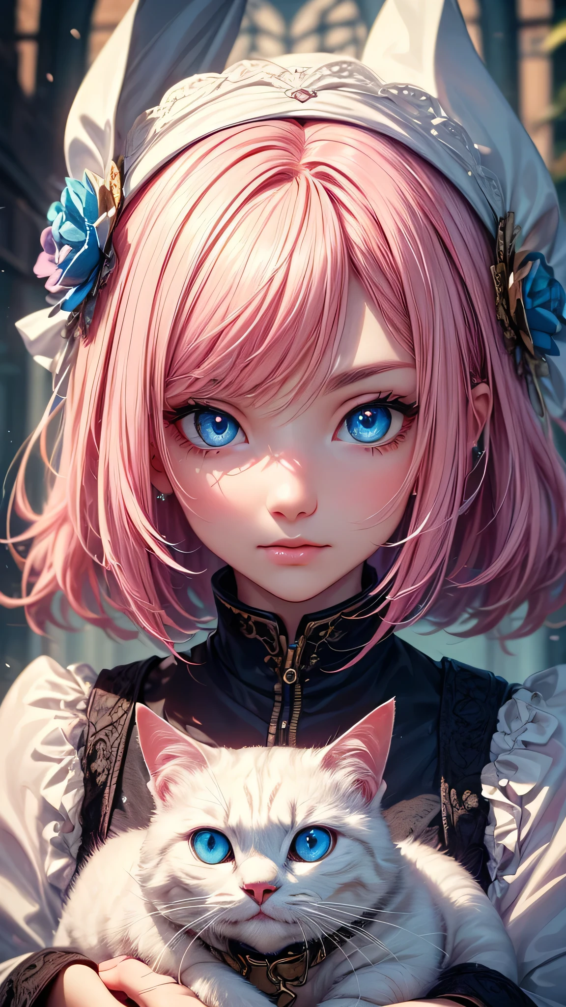 ((Highest quality, 16K, masterpiece: 1.3)), (Very delicate and beautiful face), (Beautiful eyes in every detail),,Girl with cat, White Cat, Pink Hair、blue eyes, Avatar,