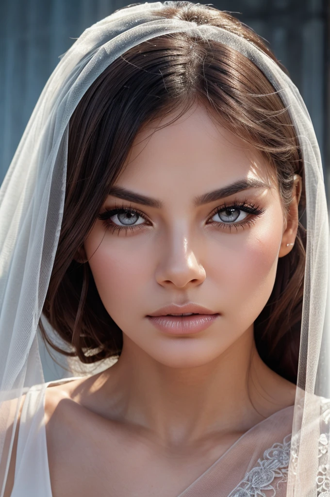 A angry pose pose: Soft focus captures the subtlety of honey-colored eyes, surrounded by a veil of icy eyeshadow and long eyelashes framing the subject's pale complexion. Radiant skin glows with textured detail, highlighting every contour and curve. Juicy lips and defined skin texture create a stunning contrast against the simplicity of the composition.