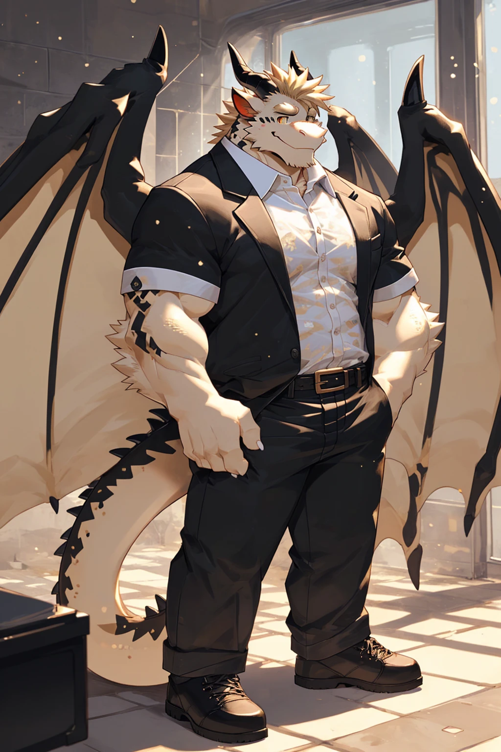(sfw:1.5), male focus, security guard, Handsome 1boy, solitary,protrait photo, single, (Black eyebrows:1.4), (White nails, White Paws:1.4), (Light blond hair:1.5), (Black and gold dragon wings, Huge black and gold dragon wings:1.3), Black and gold skin, (Black and gold tail:1.4), (Black horn, Black curved corners:1.4), (Black body:1.4), (All black:1.4), (Pale blond chin, Pale golden neck:1.4), Pale golden chest, Light blond chest hair, (perfect golden eyes:1.4), (Black and gold scales:1.3), (Black Hands, Black Hands背, Black Hands指:1.4), (Black forehead, Black head:1.4),
Western Dragon, dragon, dragon boy, dragon body, feet, (big eyes, large eyes:1.4), (Chubby face, The body is huge, Larger face:1.3),
(Black short sleeve, White short-sleeved shirt, Black pants, Black short shoes, Black leather belt:1.4),
(full body:1.3), (Mature men:1.4), (Strong body, muscle,Strong male:1.3), (Thick arms:1.3), (Standing:1.4), (Looking at the audience, Focus, Eyes gaze:1.2), (Smile:1.4),
full background,ground, Blue sky, White Cloud, ground, School, School大门, security guard亭,
, Mysterious and romantic atmosphere, Caustic lines(refraction, polarization)Perfect anatomical structure, absurd, Detailed background, (Delicate eyes:1.3),Printing style。((artist:Takemoto Arashi))