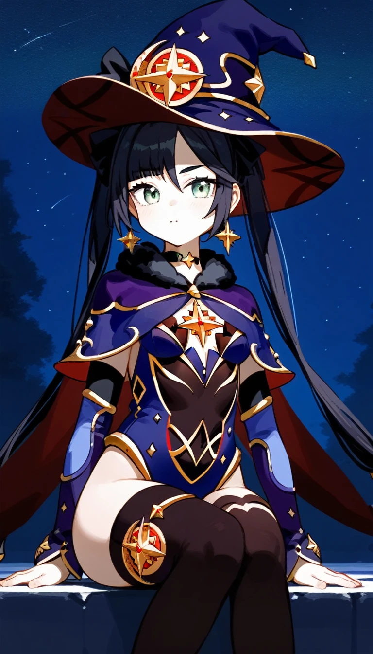 masterpiece,Ultra HD,score_9, score_8_superior, score_7_superior, score_6_superior, score_5_superior, score_4_superior BREAK source_anime, One girl, alone, Mona XL, Long black hair, Green Eyes, tsurime, Twin tails, Medium chest, Witch Hat, Body stockings, leotard, Elbow hand pockets, Thigh guard, fur-trimmed capelet, Fantasy, Outdoor, night, Starry Sky, Sitting, View your viewers,