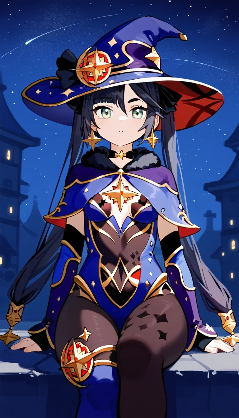 masterpiece,Ultra HD,score_9, score_8_superior, score_7_superior, score_6_superior, score_5_superior, score_4_superior BREAK source_anime, One girl, alone, Mona XL, Long black hair, Green Eyes, tsurime, Twin tails, Medium chest, Witch Hat, Body stockings, leotard, Elbow hand pockets, Thigh guard, fur-trimmed capelet, Fantasy, Outdoor, night, Starry Sky, Sitting, View your viewers,
