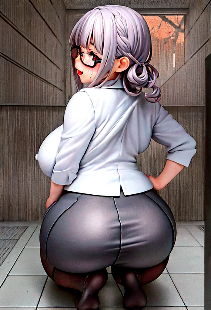 Anime-style image of a woman wearing a short skirt and glasses, hyperRealistic , a hyperRealistic , chic, Realistic , , Gwaiz, artwork in the style of Gwaiz, (SFW) Safe at Work, [ 4k digital art ]!!, Short full body portrait!,(masterpiece), (One serious civil service commissioner: 1.3), (Super thick and plump body: 1.3), (Huge breasts and buttocks)), (Small Head: 1.2), (Very small uniform)), (Shiny skin: 1.2), (A speech while crouching in the stands in the schoolyard in the morning)), {fat},1boy, penis, doggystyle, from behind, spreadassms, chubby body, fat body, short,ultra detailed, masterpiece, best quality, blush, a woman, rolling eyes, open mouth, school girl, wearing , wearing glasses, classroom, sunset, light particles, hdr, brown grey hair, midium wavy hair, shiny hair, bang, single braid, clear grey eyes, Smiling Kiss, Tongue Out, アニメ ,orgasm face, sexual climax, bitch, back shot, back view, low angle, from below, back view, arched back, looking back, all fours, chubby body, BIG ASS , saliva, BBW, slender waist, anal, seiza, hands on head,white eyes, Hand Drawn, Showing Ass, Bobcut, Knee socks, (Super thick and plump body: 1.3), Butt sticking out, Close your legs, seiza, spread legs, pleated skirt, Stretch your arms back, long pleated skirt, I can&#39;t see your butt, Buttocks hide, Arms folded behind back, Super big butt, Awesome numbness , Plump , Chubby, Butt sticking out,
