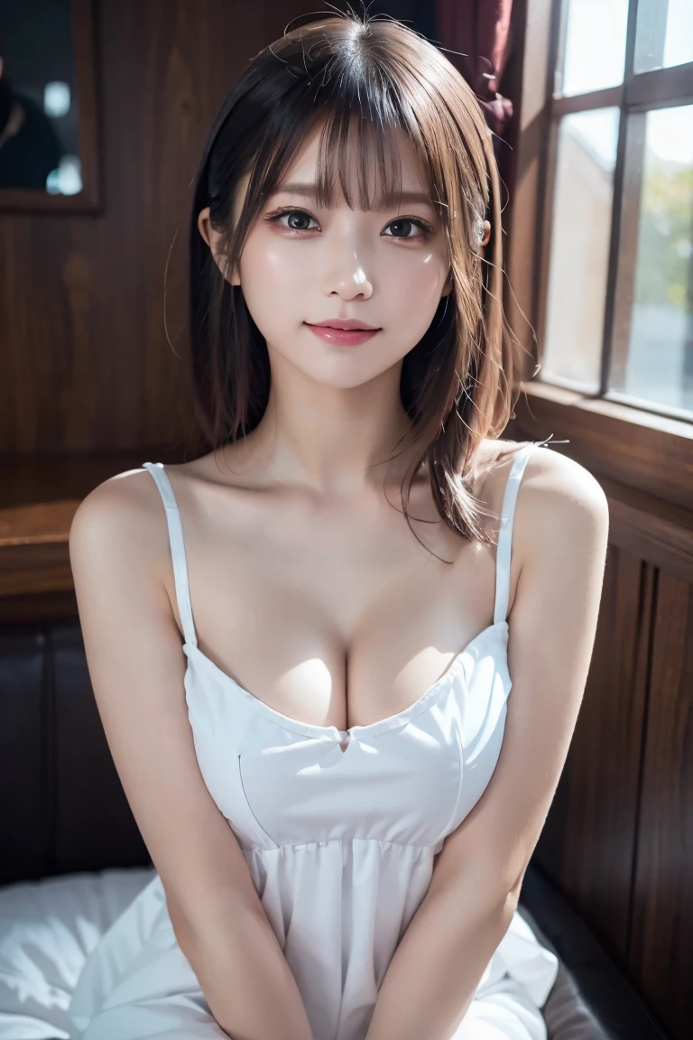 masterpiece, highest quality, 8k,Ultra-high resolution、Head to knee photo、 20th Generation, Large Breasts, cute, alone, Please smile faintly, cute, girly, cute、Delicate girl, Pure beauty, RAW Photos, Professional photography, Soft Light, Professional Lighting, Backlight, avert your eyes, Sophisticated, Film Grain, (Eye and facial details:1.0), Floating Hair、Messy Hair、Wavy long hair、Asymmetrical bangs, Round face、Young Face、(Large Breasts:1.0)、nipple protrusions are clearly visible,、(Grayish pink dress)、Voluptuous thighs、Translucent white skin、dolly make、(Odd Eye、Heterochromia iridis、golden eye silver eye、The irises of the left and right eyes are different colors)