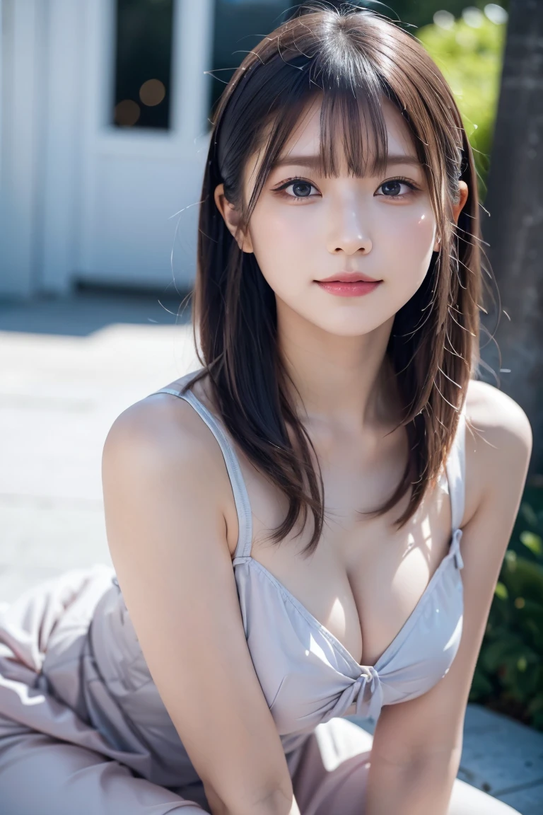 masterpiece, highest quality, 8k,Ultra-high resolution、Head to knee photo、 20th Generation, Large Breasts, cute, alone, Please smile faintly, cute, girly, cute、Delicate girl, Pure beauty, RAW Photos, Professional photography, Soft Light, Professional Lighting, Backlight, avert your eyes, Sophisticated, Film Grain, (Eye and facial details:1.0), Floating Hair、Messy Hair、Wavy long hair、Asymmetrical bangs, Round face、Young Face、(Large Breasts:1.0)、nipple protrusions are clearly visible,、(Grayish pink dress)、Voluptuous thighs、Translucent white skin、dolly make、(Odd Eye、Heterochromia iridis、golden eye silver eye、The irises of the left and right eyes are different colors)