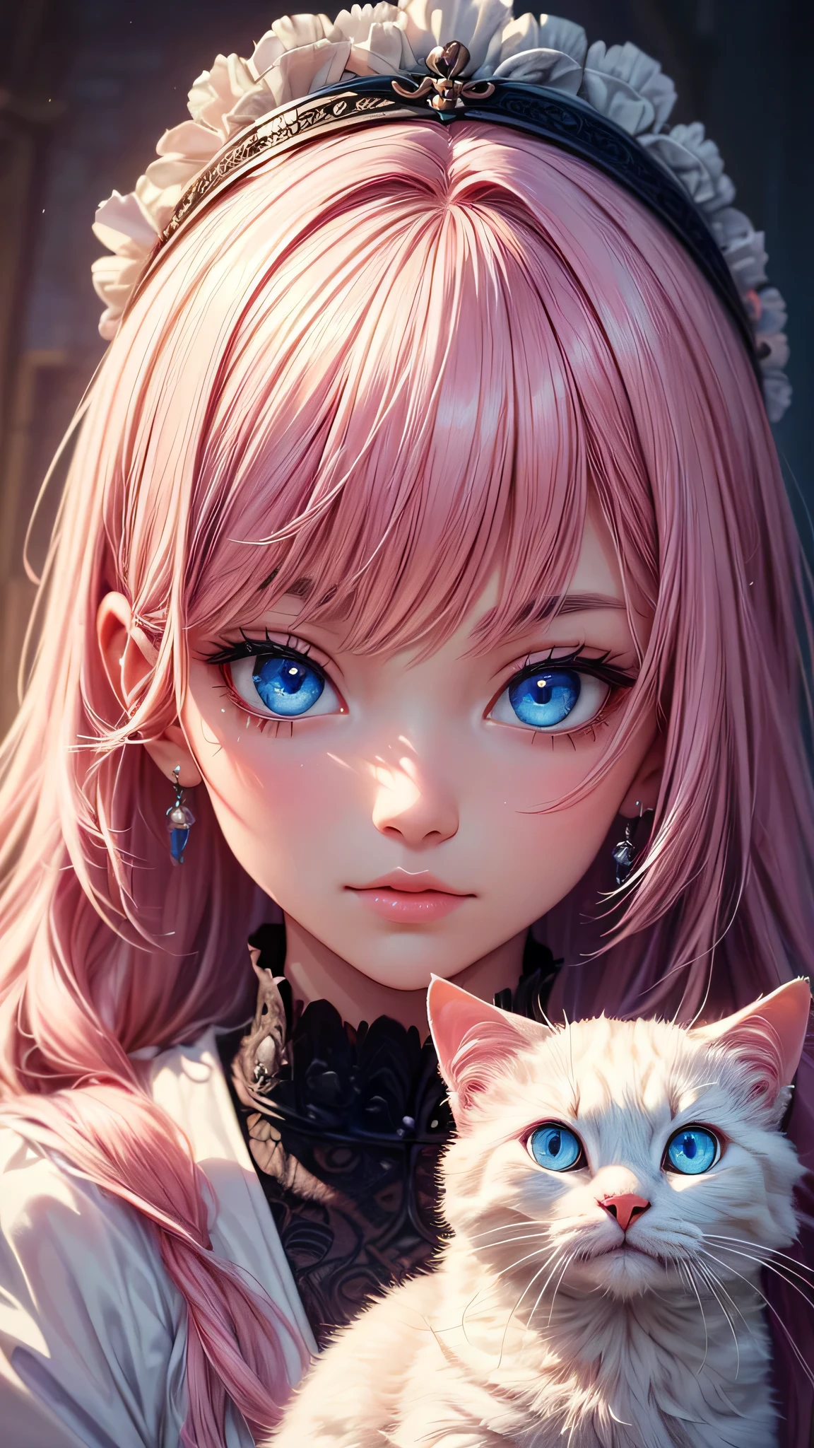 ((Highest quality, 16K, masterpiece: 1.3)), (Very delicate and beautiful face), (Beautiful eyes in every detail),,Girl with cat, White Cat, Pink Hair、blue eyes, Avatar,