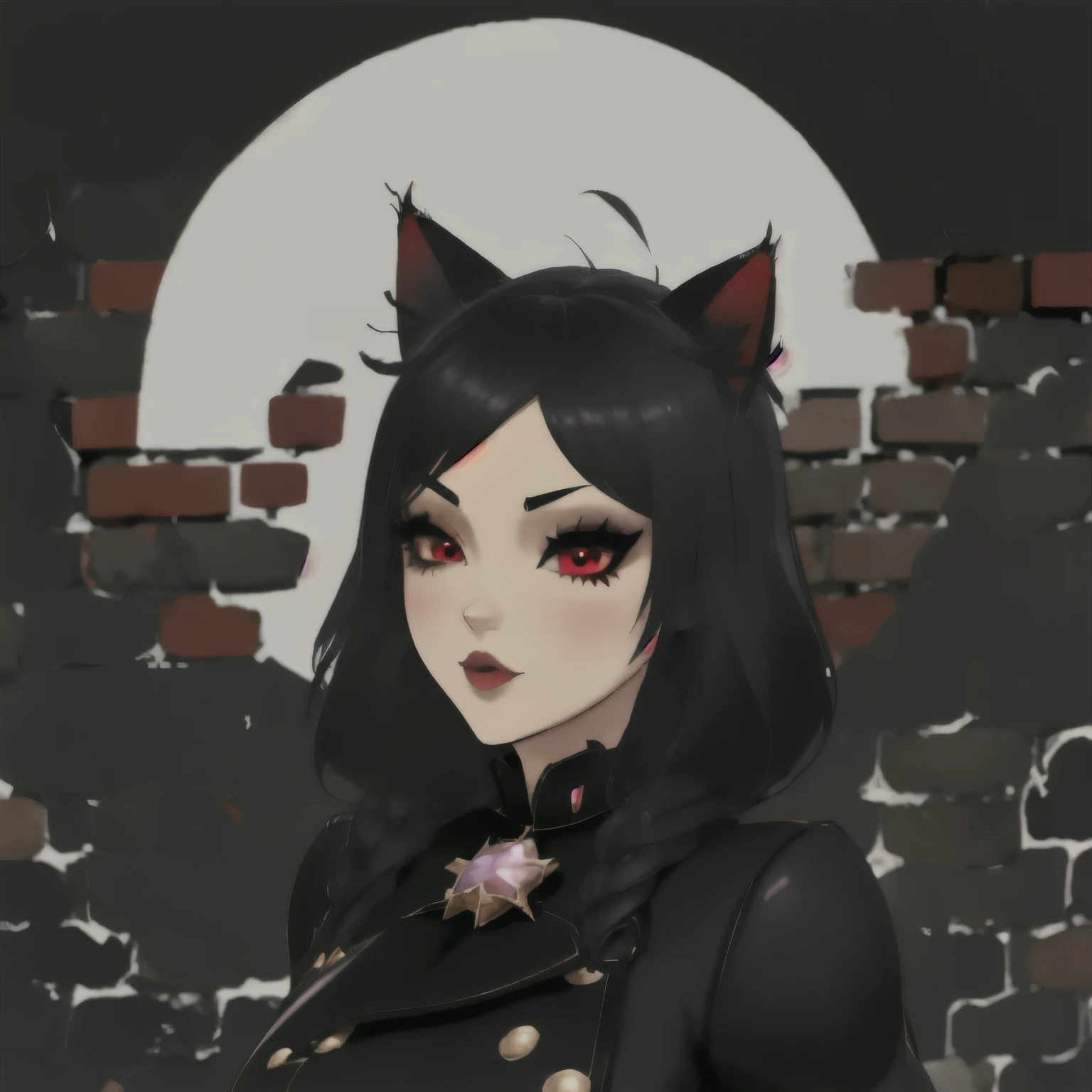 1 beautiful junkotvv woman with black hair, cat ears and red eyes in front of brick wall, white brick, cinderblock wall, top trim, Metal trim, TF2 texture, best videogame textures, albedo texture map, no lighting, fullbright. city at night, urban, Neon colors