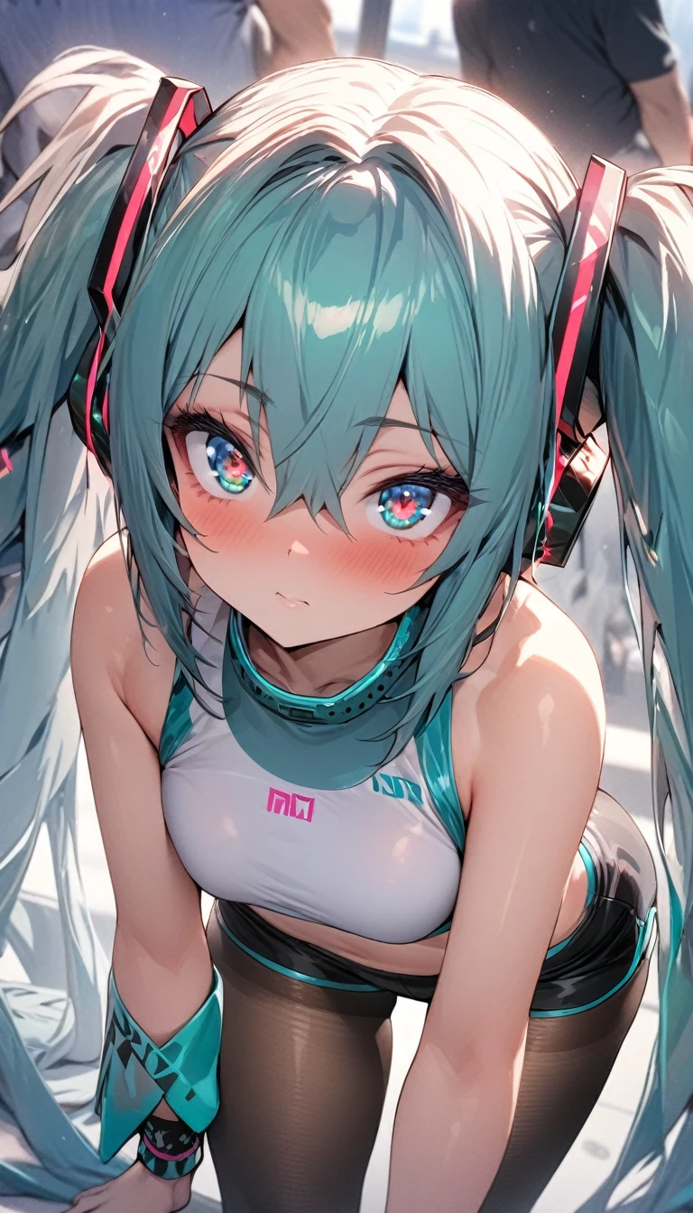 hatsune_miku commentary_request highres 1girl arm_behind_back arm_behind_head arm_up bikini black_sleeves blue_eyes blue_hair blue_necktie breasts cowboy_shot detached_sleeves double-parted_bangs hair_between_eyes hair_ornament headphones headset light_blush long_hair looking_at_viewer meme_attire micro_bikini microphone miku_collar_bikini navel necktie parted_lips simple_background small_breasts solo standing stomach string_bikini striped_bikini striped_clothes sweatdrop swimsuit teeth tie_clip twintails very_long_hair white_background breast bounding,breast_grab , nipple_tweak, pov in shower ,wet nipples