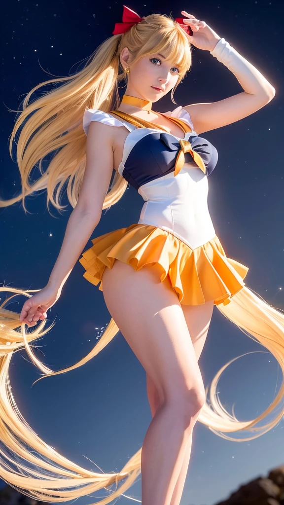 Create a highly detailed image of a character inspired by Sailor Venus from the Sailor Moon series. She is standing in an elegant pose, wearing her traditional sailor scout uniform which includes a white bodice with a large orange bow at the chest, a orange collar with white stripes, and a orange skirt. Instead of her usual white socks, she is wearing sleek, black stockings that accentuate her legs. Her long, flowing blonde hair is styled with a red bow on top. She has blue eyes, a confident smile, and her signature red bow earrings. The background is a vibrant night sky filled with twinkling stars and a crescent moon, capturing the magical and celestial essence of the series. The overall style should be dynamic and vibrant, capturing the action-packed and magical nature of the character.