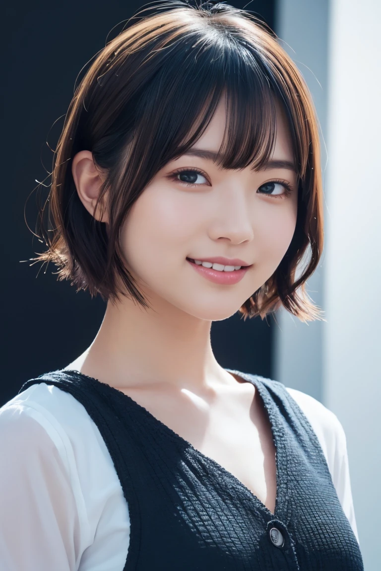 1 girl, (Wearing colorful stage costumes:1.2), Very beautiful Japanese idol portraits, Face close-up, (RAW Photos, highest quality), (Realistic, Realistic:1.4), (masterpiece), Very delicate and beautiful, Very detailed, 2k wallpaper, wonderful, finely, Very detailed CG Unity 8K wallpaper, Very detailed, High resolution, Soft Light, Beautiful detailed girl, Very detailed目と顔, Beautiful and sophisticated nose, Finely beautiful eyes, Cinema Lighting, (Simple light color background:1.3), (short hair), (Bob), Complete Anatomy, Slender body, Small breasts, smile