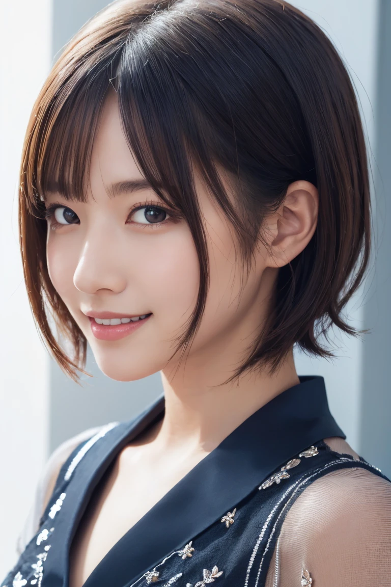 1 girl, (Wearing colorful stage costumes:1.2), Very beautiful Japanese idol portraits, Face close-up, (RAW Photos, highest quality), (Realistic, Realistic:1.4), (masterpiece), Very delicate and beautiful, Very detailed, 2k wallpaper, wonderful, finely, Very detailed CG Unity 8K wallpaper, Very detailed, High resolution, Soft Light, Beautiful detailed girl, Very detailed目と顔, Beautiful and sophisticated nose, Finely beautiful eyes, Cinema Lighting, (Simple light color background:1.3), (short hair), (Bob), Complete Anatomy, Slender body, Small breasts, smile