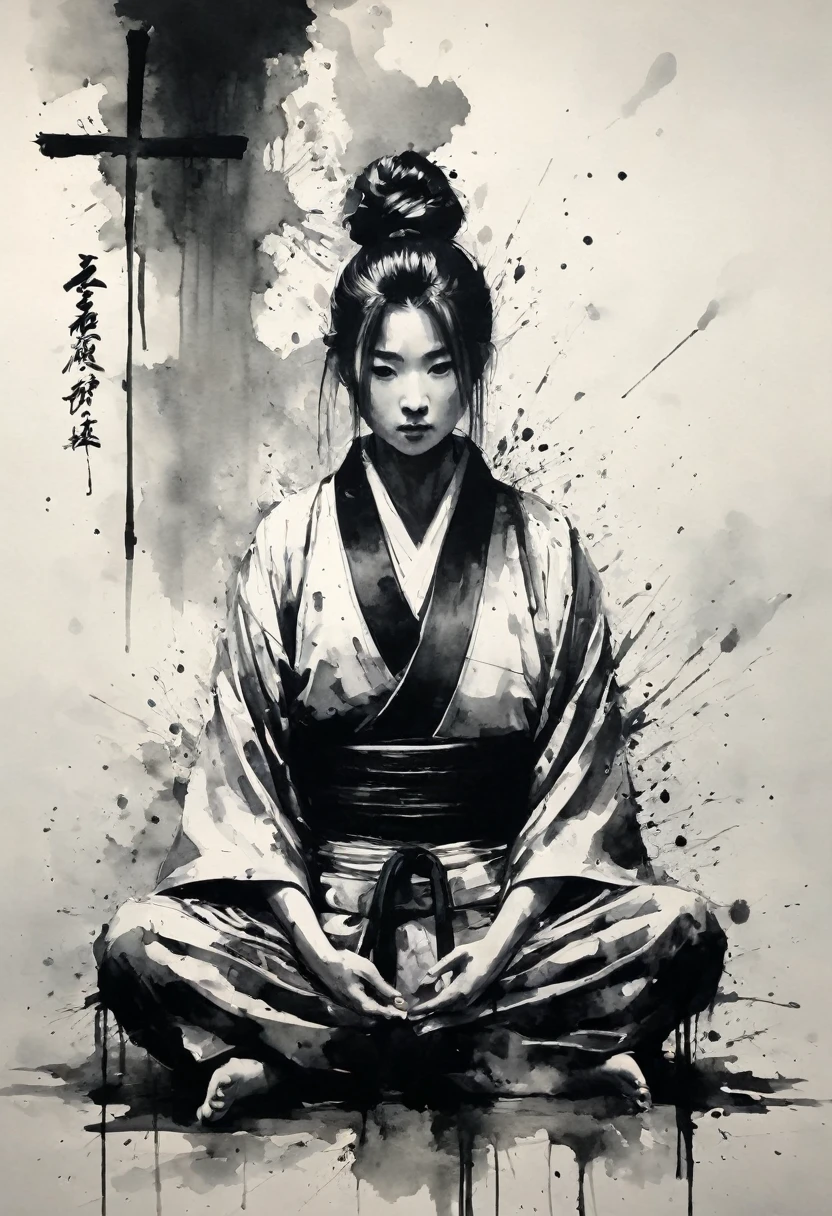 Black and white painting,Ink Painting,splash,Topknot,kimono,Sitting cross-legged,seppuku,Seppuku,