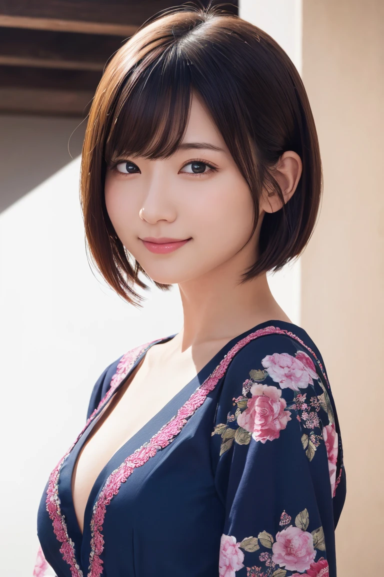 1 girl, (Wearing colorful stage costumes:1.2), Very beautiful Japanese idol portraits, Face close-up, (RAW Photos, highest quality), (Realistic, Realistic:1.4), (masterpiece), Very delicate and beautiful, Very detailed, 2k wallpaper, wonderful, finely, Very detailed CG Unity 8K wallpaper, Very detailed, High resolution, Soft Light, Beautiful detailed girl, Very detailed目と顔, Beautiful and sophisticated nose, Finely beautiful eyes, Cinema Lighting, (Simple light color background:1.3), (short hair), (Bob), Complete Anatomy, Slender body, Small breasts, smile