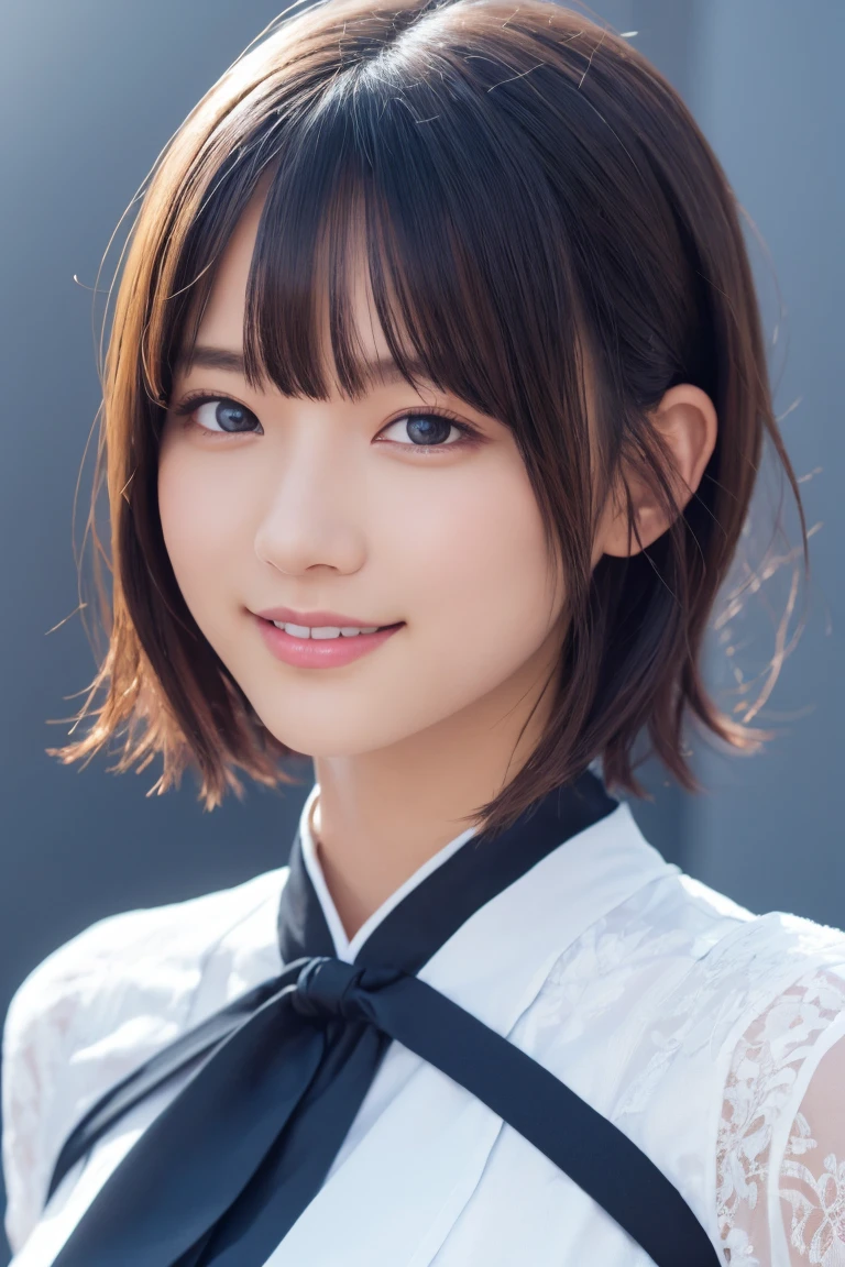 1 girl, (Wearing colorful stage costumes:1.2), Very beautiful Japanese idol portraits, Face close-up, (RAW Photos, highest quality), (Realistic, Realistic:1.4), (masterpiece), Very delicate and beautiful, Very detailed, 2k wallpaper, wonderful, finely, Very detailed CG Unity 8K wallpaper, Very detailed, High resolution, Soft Light, Beautiful detailed girl, Very detailed目と顔, Beautiful and sophisticated nose, Finely beautiful eyes, Cinema Lighting, (Simple light color background:1.3), (short hair), (Bob), Complete Anatomy, Slender body, Small breasts, smile