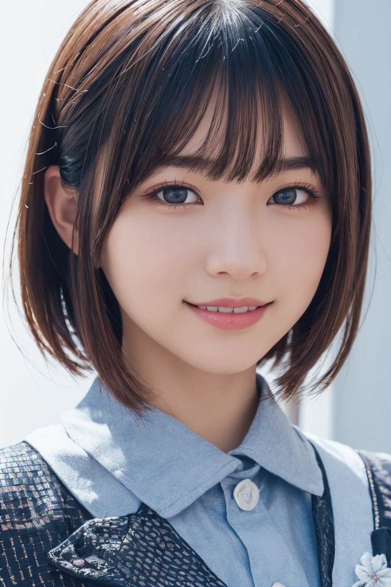 1 girl, (Wearing colorful stage costumes:1.2), Very beautiful Japanese idol portraits, Face close-up, (RAW Photos, highest quality), (Realistic, Realistic:1.4), (masterpiece), Very delicate and beautiful, Very detailed, 2k wallpaper, wonderful, finely, Very detailed CG Unity 8K wallpaper, Very detailed, High resolution, Soft Light, Beautiful detailed girl, Very detailed目と顔, Beautiful and sophisticated nose, Finely beautiful eyes, Cinema Lighting, (Simple light color background:1.3), (short hair), (Bob), Complete Anatomy, Slender body, Small breasts, smile