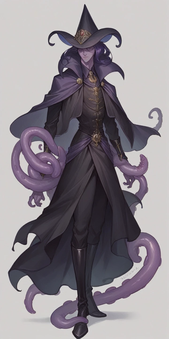 A full body concept art illustration of the Mind Flayer. The character has human-like proportions, being tall, slender, and muscular. The character hasOctopus-like head。The character has tentacles extending from its chin, and its skin is a light purple, almost blue color. The character wears elaborate, luxurious black academic robes, and ornate leather boots The hackaround is blank