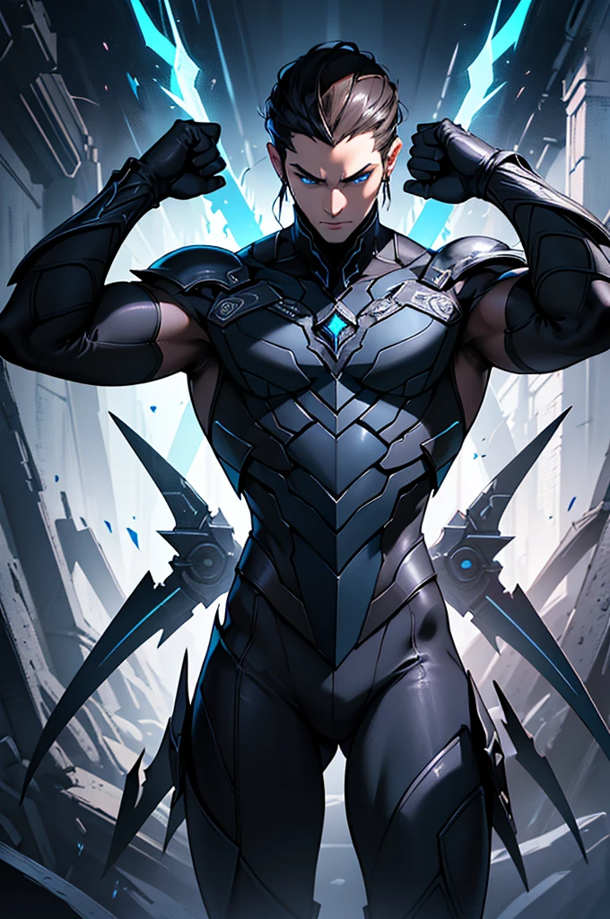 ((Masterpiece, Highest quality)), Detailed face, character design sheet， full bodyesbian, Full of details, frontal body view, back body view, Highly detailed, Depth, Many parts, "Concept art of a male teleporting assassin named Nyx. He has sharp, intense eyes and short dark hair. Nyx wears a sleek, dark outfit with silver or blue accents and lightweight armor. He wields dual daggers that can be thrown and recalled, each intricately designed with glowing elements. Nyx is in a dynamic pose, teleporting mid-action, with a faint glow or shadowy effect left behind. The style is highly detailed digital painting with dramatic lighting."