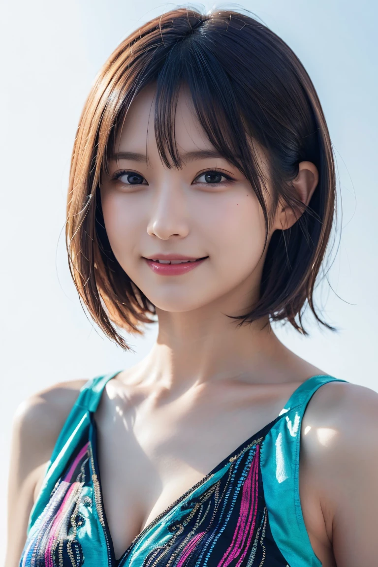 1 girl,(wearing colorful stage costume:1.2),very beautiful japanese idol portrait,close up of face,(RAW photo,best quality),(real,realistic:1.4),(masterpiece),very delicate and beautiful,very detailed,2k wallpaper,amazing,finely detailed,highly detailed CG Unity 8K wallpaper,very detailed,high resolution,soft light,beautiful detailed girl,very detailed eyes and face,beautiful refined nose,finely beautiful eyes,cinema lighting,(simple light color background:1.3),(short hair),(bob),full anatomy,slender body,small breasts,smiling,ビーチバレー