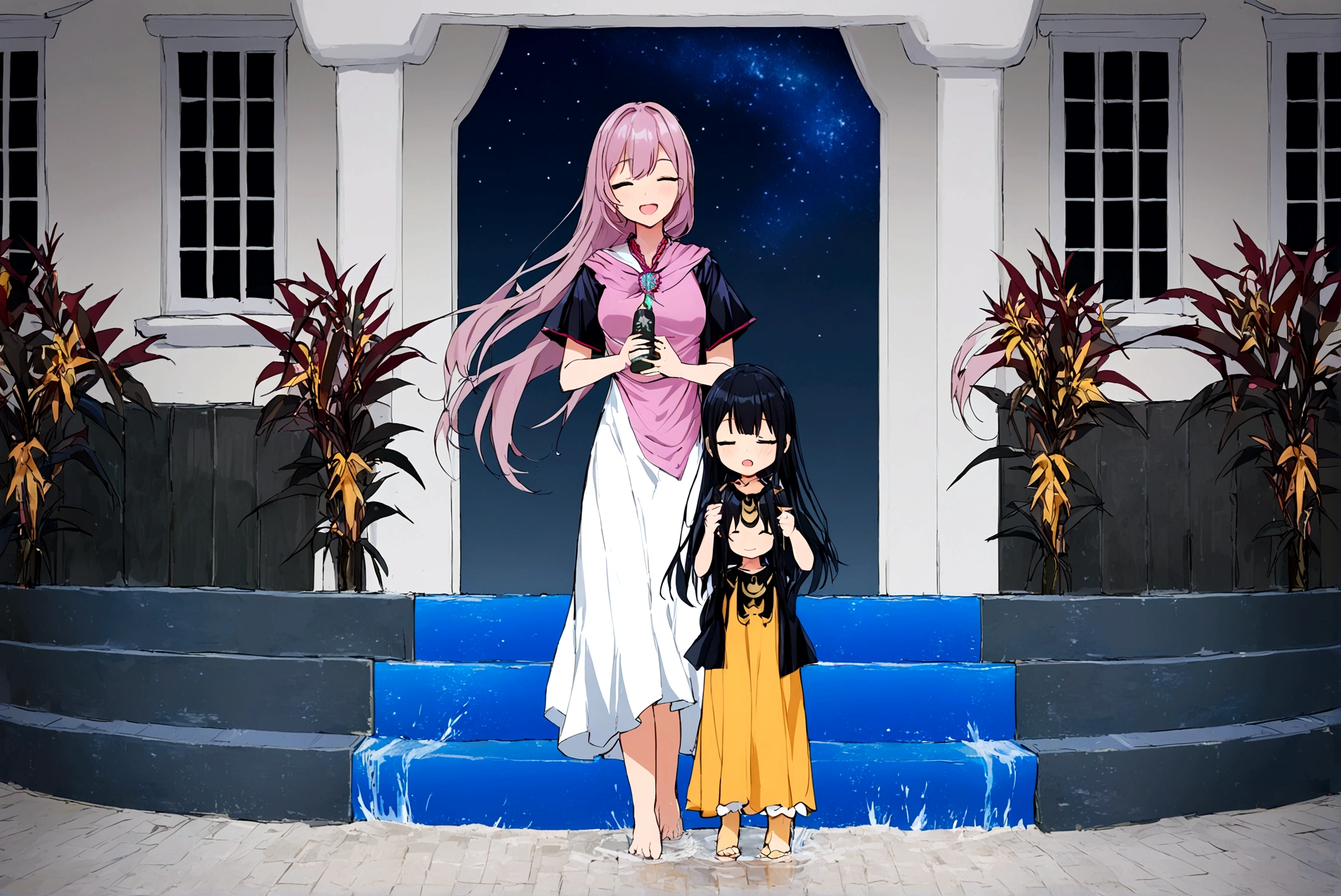 xcdd, 1girl, star \(symbol\), dress, solo, closed eyes, long hair, wading, sky, star \(sky\), glowing, night, water, holding, barefoot, standing, white dress, starry sky, night sky, floating hair