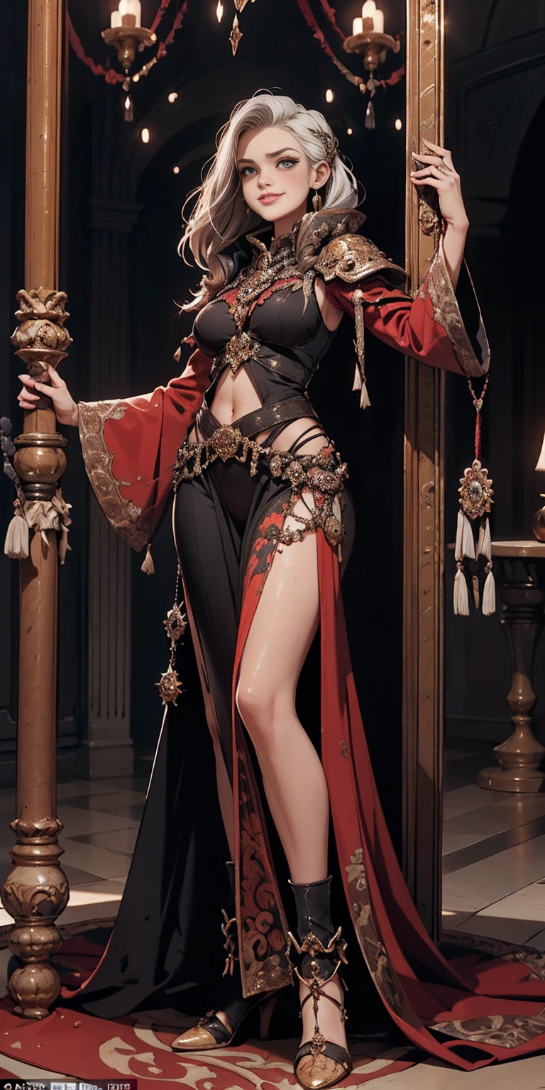 Setting: Royal bedroom - Grand, opulent, with rich fabrics and tapestries Character: Appearance: White hair - Short, styled in a sharp bob Full figure - Curvaceous Attire: High boots - Leather, reaching up the calves Elegant outfit - Befitting the royal setting (consider a dress, gown, or ensemble) Red tattoo - Delicate design on the navel Face - A confident smirk plays on her lips, eyes sparkling with amusement Pose: Full body - Standing tall Hands - Resting on hips in a commanding posture Additional details: (add to the background a four-poster bed, a plush rug, ornate furniture)