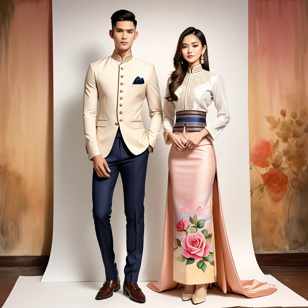 candid fashion illustration of two young man and women, 20-27 year old, adorned in a meticulously crafted North Thai Lanna traditional costume, ((showcase in cotton handwoven outfit)), simple elegant style, The man wears a simple long-sleeved white mandarin collar suit, paired with Tailor pants, and oxford shoes, The woman complements him with ankle-length pencil skirt, with simple minimal patterns details, fitted intricately decorated (waist-length blouse) that complements the skirt, Captured in full-body image, stand still, look at the viewer,  ((the imperfect rose water-color backdrop)), sketching, realistic drawing, imperfect water color painting, fashion look book, fashion illustrator, sketch design, the image boasts high-quality, Lanna, North Thai traditional costume.