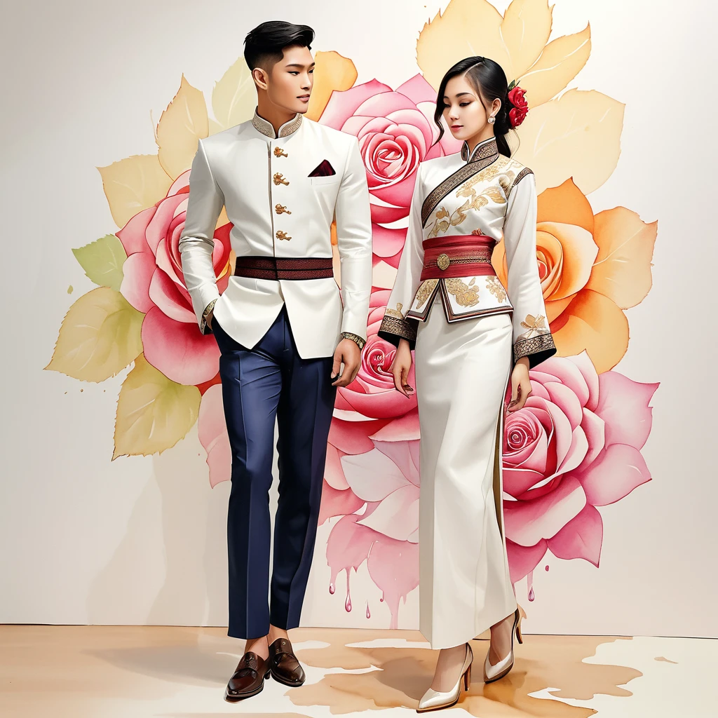 candid fashion illustration of two young man and women, 20-27 year old, adorned in a meticulously crafted North Thai Lanna traditional costume, ((showcase in cotton handwoven outfit)), simple elegant style, The man wears a simple long-sleeved white mandarin collar suit, paired with Tailor pants, and oxford shoes, The woman complements him with ankle-length pencil skirt, with simple minimal patterns details, fitted intricately decorated (waist-length blouse) that complements the skirt, Captured in full-body image, stand still, look at the viewer,  ((the imperfect rose water-color backdrop)), sketching, realistic drawing, imperfect water color painting, fashion look book, fashion illustrator, sketch design, the image boasts high-quality, Lanna, North Thai traditional costume.