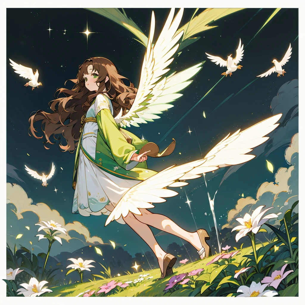 brown hair, wavy hair, straight hair, kawaii, anime, Cute, hyper quality, highly detailed, full body, 16k, green eyes, private clothes, wings on the back of body, one girl, nature background, moonlight, Meteor shower, light effects, Wings of light, one brown bird, highlight, flower garden, garden