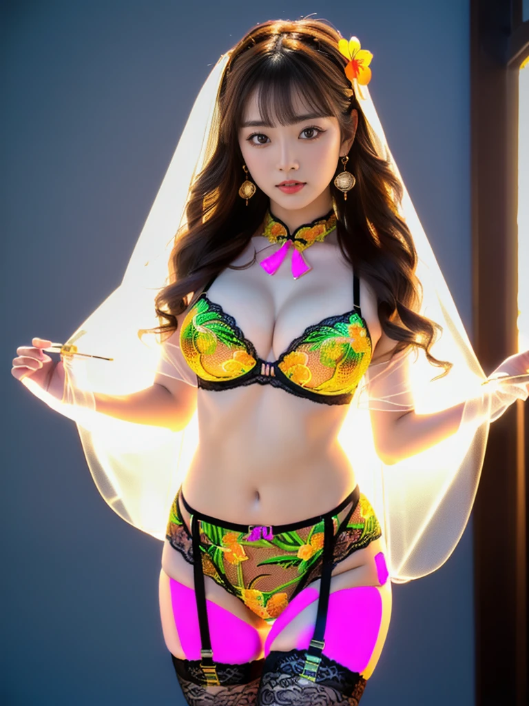 An Asian Chinese female model, (background:Room),(background:night), (8K Ultra HD, Digital SLR Camera, Soft Light, high quality, Volumetric Lighting, frank, photo, high resolution, 4K, 8K, Bokeh), ((Create stunning images of real girls), warm light, Dynamic poses, Elegant Posture, Cowboy lens, Full body front view, From the front,Be confident, Front of the body facing the camera, Standing posture facing the camera, Open your legs slightly, Golden Ratio Graphics, Minimalism), (Show a charming smile, Willow Leaf Eyebrows, big eyes, Apricot eye prick, Cherry Blossom, Balanced Eyes, Oval face, Pretty Face, Normal facial features, Skin is transparent and visible, Thin skin and tender meat, cosmetic, earrings, bracelet, necklace, Jewelry, veil, Hair accessories), (Brown hair, Wavy curly hairstyle, Waist-length hair, Messy Hairstyle, Gradient hairstyles, Cyberpunk hairstyle), ((Transparent clothes:1.5), (Color of clothes:Tropical Orange), Transparent Clothes, Lace clothes, Mesh clothes, Transparent cheongsam, Lace sexy lingerie), (Sexy, Perfect breast shape, Teardrop-shaped chest shape, Snow-white breasts, very detailed breasts, 34E cup, Exposing the southern breast), (Super high waist clothes, Chest hollow,(Camel toe, High fork strangulation)), (Black socks, Sheer lace knee socks, 吊garter, Leg ring, garter, 腿部garter)