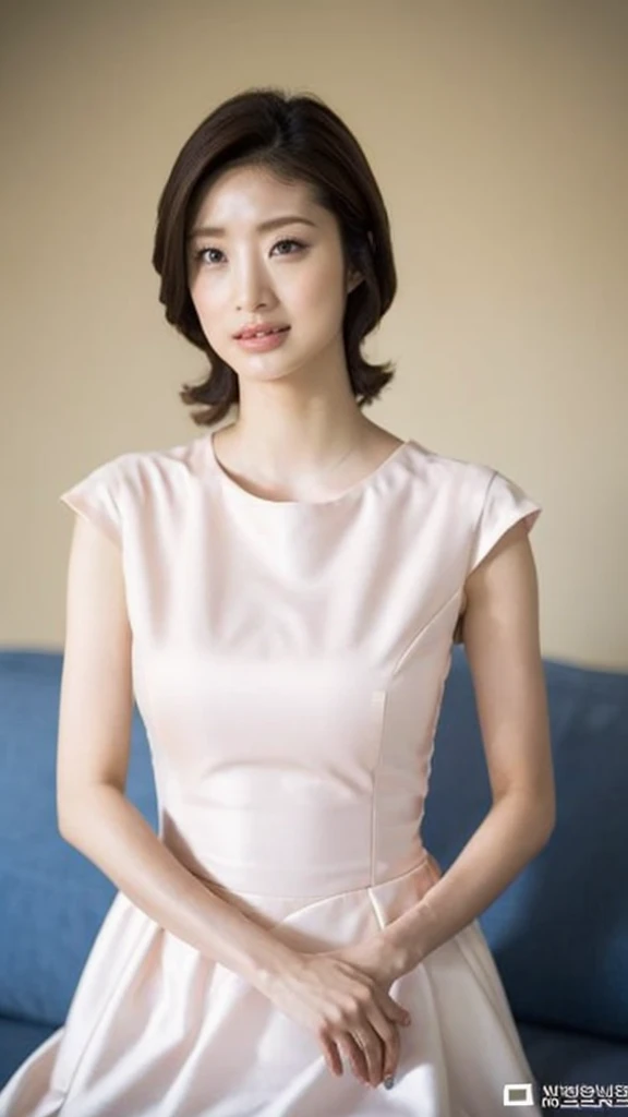 (Highest quality 8k,masterpiece),
Alfafi woman in white dress sitting on blue sofa, Smooth white tight clothing suit, Nico in a white dress, Gorgeous Young Korean Woman, actress, height: 165cm, Long dress, High heels,
Big Breasts,peach,Accentuate your breasts,
Perfect Face,Realistic Skin,double eyelid,Lip gloss