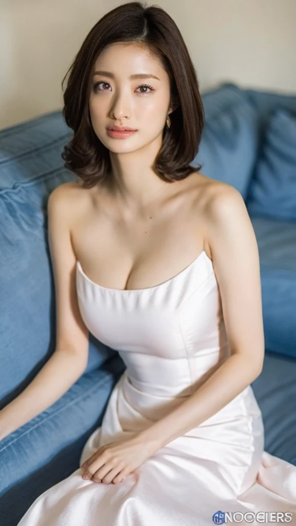 (Highest quality 8k,masterpiece),
Alfafi woman in white dress sitting on blue sofa, Smooth white tight clothing suit, Nico in a white dress, Gorgeous Young Korean Woman, actress, height: 165cm, Long dress, High heels,
Big Breasts,peach,Accentuate your breasts,
Perfect Face,Realistic Skin,double eyelid,Lip gloss