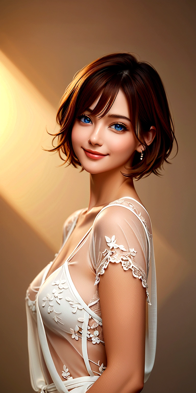 night, Original Photography, (((Very beautiful full body portrait))), (Very beautiful full body portrait))), 1 girl, Sexy 35 year old girl with blue eyes, ((beautiful brown short hair)), [blue eyes],Smiling tenderly and gazing at the camera(cleveage), extremely cute and gorgeous appearance, ((masterpiece, best quality, Ultra Detailed, light, Intricate details, HD, 8K, Very detailed)), Detailed background, 8K UHD, digital SLR camera, Soft light, high quality, Film Grain, Fuji XT3, Shallow depth of field, Natural light, Perfect face, very transparent clothes, full body view