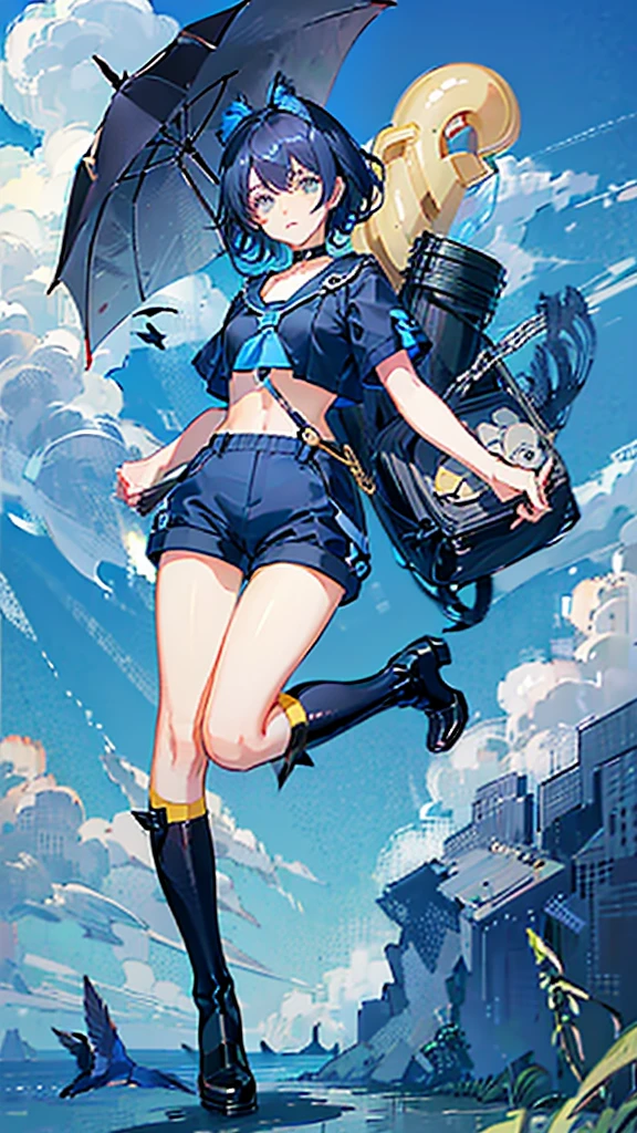 A boy with cat ears jumping on the clouds、Short Hair、Black glossy hair、Curly hair on the outside、Gold and blue eyes、Black and grey string choker with bells、((big leaf umbrella)have))Jumping between the clouds、Blue short sleeve、jumpsuit with shorts、Brown waist pouch、Red boots、One is wearing、One is coming off、Yellow Small(A bird is perched on top of my head)
