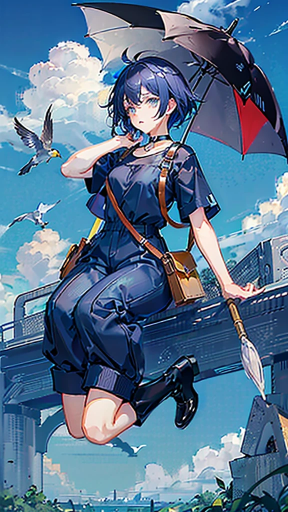 A boy with cat ears jumping on the clouds、Short Hair、Black glossy hair、Curly hair on the outside、Gold and blue eyes、Black and grey string choker with bells、((big leaf umbrella)have))Jumping between the clouds、Blue short sleeve、jumpsuit with shorts、Brown waist pouch、Red boots、One is wearing、One is coming off、Yellow Small(A bird is perched on top of my head)