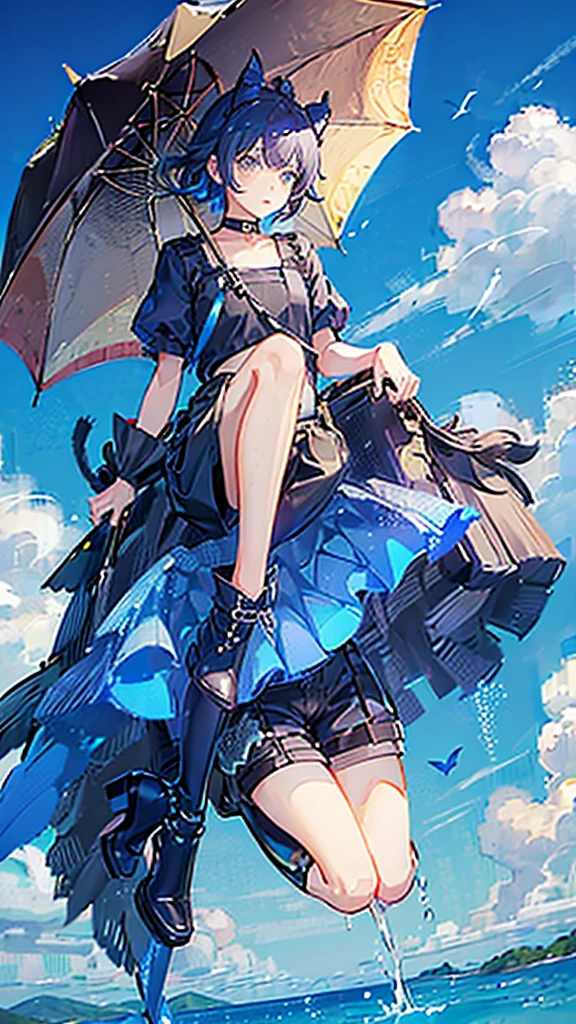 A boy with cat ears jumping on the clouds、Short Hair、Black glossy hair、Curly hair on the outside、Gold and blue eyes、Black and grey string choker with bells、((big leaf umbrella)have))Jumping between the clouds、Blue short sleeve、jumpsuit with shorts、Brown waist pouch、Red boots、One is wearing、One is coming off、Yellow Small(A bird is perched on top of my head)