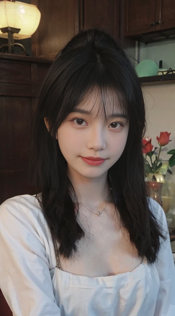 best qualtiy, Ultra-high resolution, (realisticlying:1.4), Baoyu Girl, Black long straight,A pair of clear and moving peach blossom eyes,Royal Sister,Uniforms,sunshine on face,(Take Apple 14:1.4),(choker necklace:1.2),(Fair skin:1.9),a sense of atmosphere,a beauty girl, ssmile,head straight-looking at viewer, closeup cleavage ,(Photorealistic:1.4),1girll,sexly,(Upper body:1.4),(Wet body),(:1.2)