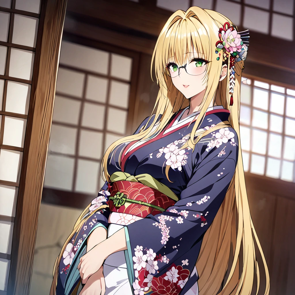 ((Highest quality)), ((masterpiece)), (detailed), （Perfect Face）、The woman in the Japanese garden is a Japanese Tiare, wearing a gorgeous and dazzling kimono, gorgeous hair ornaments, gorgeous jeweled accessories, and an engagement ring.、The woman is an elegant Tieryu with green eyes and blonde medium-long hair. The woman is a Japanese Tieryu wearing a Japanese kimono.