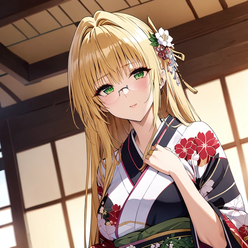 ((Highest quality)), ((masterpiece)), (detailed), （Perfect Face）、The woman in the Japanese garden is a Japanese Tiare, wearing a gorgeous and dazzling kimono, gorgeous hair ornaments, gorgeous jeweled accessories, and an engagement ring.、The woman is an elegant Tieryu with green eyes and blonde medium-long hair. The woman is a Japanese Tieryu wearing a Japanese kimono.