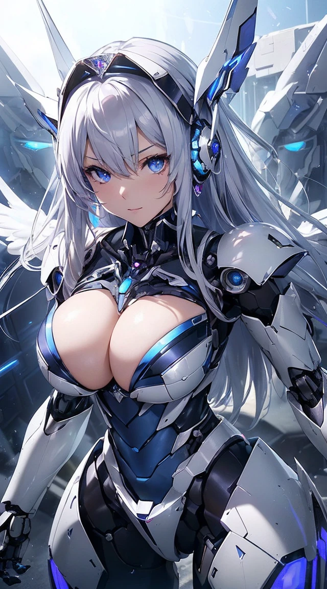 ((Intense action pose:1.6))、((Shining lenses on both breasts:1.3))、((Blue pillars of light are emanating from both chests.:1.3))、smile、((8K)), ((32k)), ((Highest quality)), ((masterpiece)), ((超A high resolution)), ((Tmasterpiece)), ((Halation:1.4))、((Mechaニカルheadgear:1.2))、((Cyber Headphones:1.3))、Fine skin, High quality fabric, Fine metal texture、((Beautiful and dense face))、RAW Photos、Professional, Ultra-fine painting, ((alone)), Beautiful breasts、Highest quality, Very detailed, Very detailed詳細, Finer details, so beautiful, ((Princess Knight Robot:1.2)), (Joints of machines, Mechanical Limbs:1.3), (The internal structure of the machine is exposed:1.3), (Long silver hair:1.1), (Beautiful and huge mechanical breasts)、White Veil, cowboy_shot, Side Focus, headgear, Shiny、(Five Fingers, Four fingers and thumb),Concept Art, Anime fantasy artwork, Detailed fantasy art, (with pale blue-violet hair and large white wings,,,,,,,), (((Long silver hair))), (Mecha:1.6)、Sleek and intimidating design, ((Commander-in-Chief'arm)), (Perfect robot body)、純白と青紫armまたは, Symmetrical wings, 8K high quality, detailed art, 3D rendering of character art in 8K, neat legs, Defined, Defined fingers,