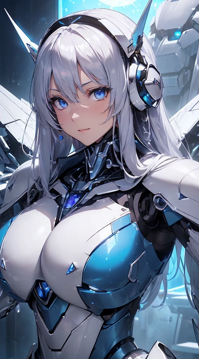 ((Extreme close up:1.6))、(((Lenses shining on both breasts:1.3)))、((A blue pillar of light emanates from both of his chests..:1.3))、break、(((Dynamic pose:1.8)))、smile、((8K)), ((32k)), ((Highest quality)), ((masterpiece)), ((超A high resolution)), ((Tmasterpiece)), ((Halation:1.4))、((Mechaニカルheadgear:1.2))、((Cyber Headphones:1.3))Fine skin, High quality fabric, High-quality metal texture、((Beautiful and dense face))、RAW Photos、Professional, Ultra-fine painting, ((alone)), Beautiful breasts、Highest quality, Very detailed, Very detailed詳細, Finer details, so beautiful, ((Princess Knight Robot:1.2)), (Joint of the machine, Mechanical Limbs:1.3), (The internal structure of the machine is exposed:1.3), (Long silver hair:1.1), (Beautiful and huge mechanical breasts)、White Veil, cowboy_shot, Side Focus, headgear, Shiny、(Five Fingers, Four fingers and thumb),Concept Art, Anime fantasy artwork, Detailed fantasy art, (with pale blue-violet hair and large white wings,,,,,,,,), (((Long silver hair))), (Mecha:1.6)、Sleek and intimidating design, ((Commander-in-Chief'arm)), (Perfect robot body)、純白と青紫のarmまたは, Symmetrical wings, 8K High Resolution, Detailed Art, 3D rendering of character art in 8K, neat legs, Defined, Defined fingers,((headshot:1.3))