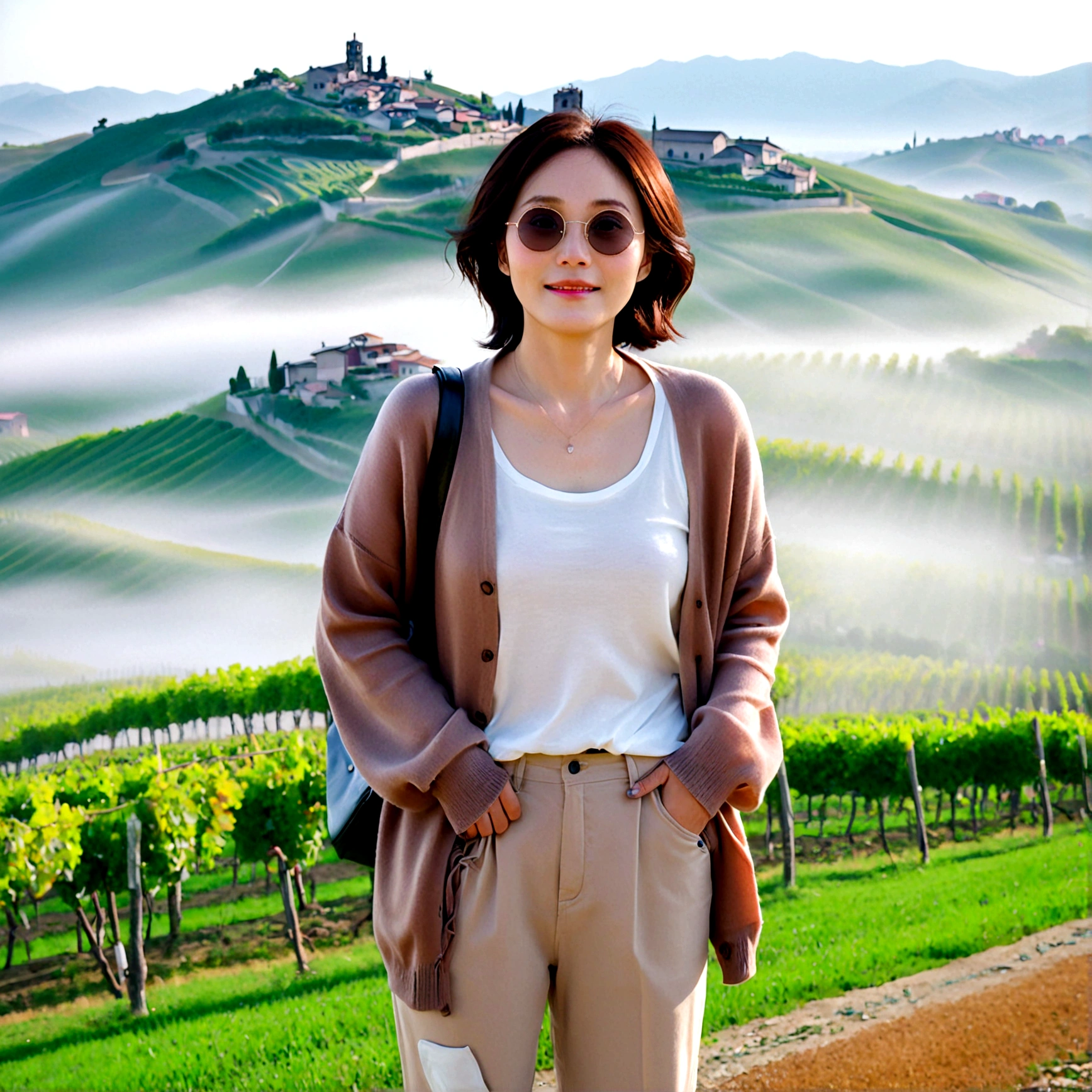 k Best picture quality, Beautiful 36-year-old Korean woman, You have good skin and big and pretty eyes.. Chest size 34 inches, italian countryside, past the vineyard, The cathedral can be seen in the distance in thick fog.., The back background is realistic and vivid quality., Short and medium hair blowing in the wind, A short cardigan was neatly worn over a knit that went up to the neck.. black casual pants, laugh. the background is clear, Short and slim Korean woman, stand far away, Photo taken with a wide-angle lens, One woman with big and pretty eyes, eyes are round and big, Standing on a hill overlooking vineyards, As the morning sun rises, the red light is soft.