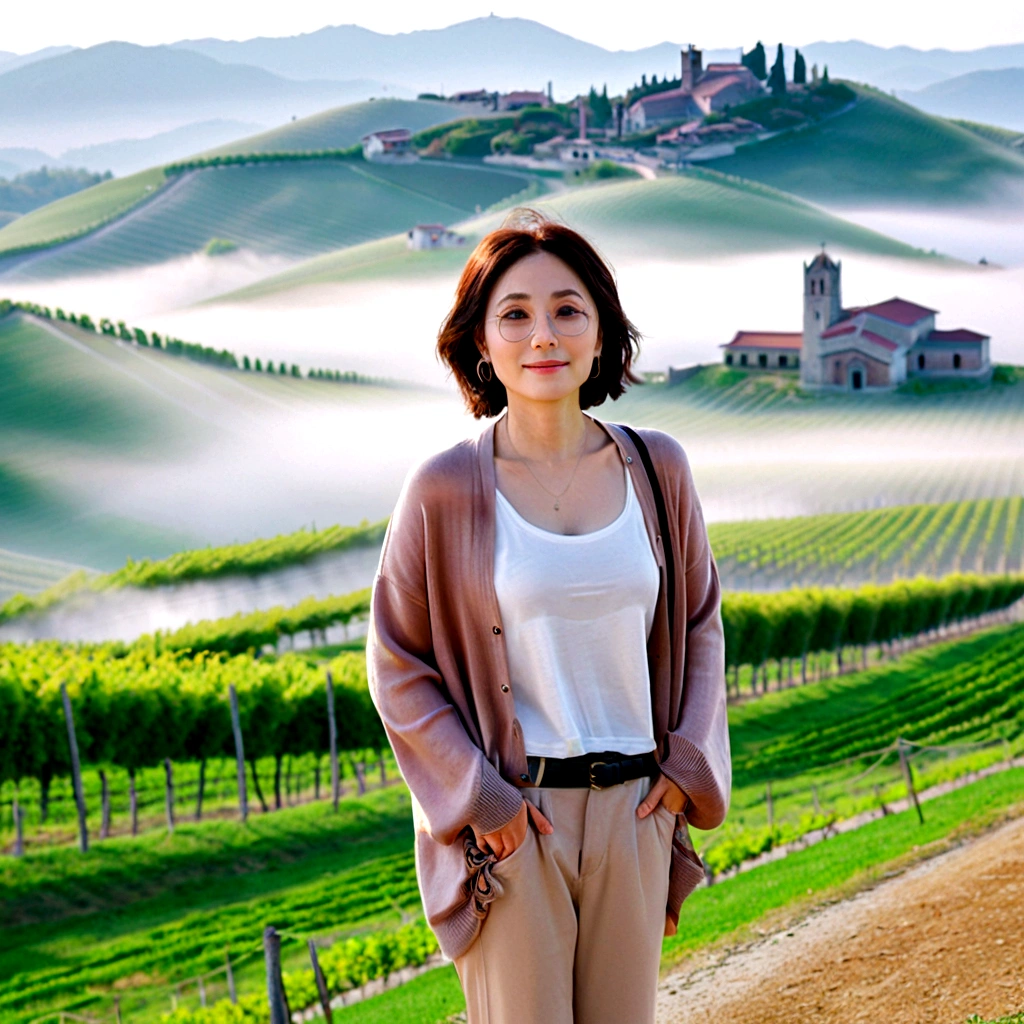 k Best picture quality, Beautiful 36-year-old Korean woman, You have good skin and big and pretty eyes.. Chest size 34 inches, italian countryside, past the vineyard, The cathedral can be seen in the distance in thick fog.., The back background is realistic and vivid quality., Short and medium hair blowing in the wind, A short cardigan was neatly worn over a knit that went up to the neck.. black casual pants, laugh. the background is clear, Short and slim Korean woman, stand far away, Photo taken with a wide-angle lens, One woman with big and pretty eyes, eyes are round and big, Standing on a hill overlooking vineyards, As the morning sun rises, the red light is soft.