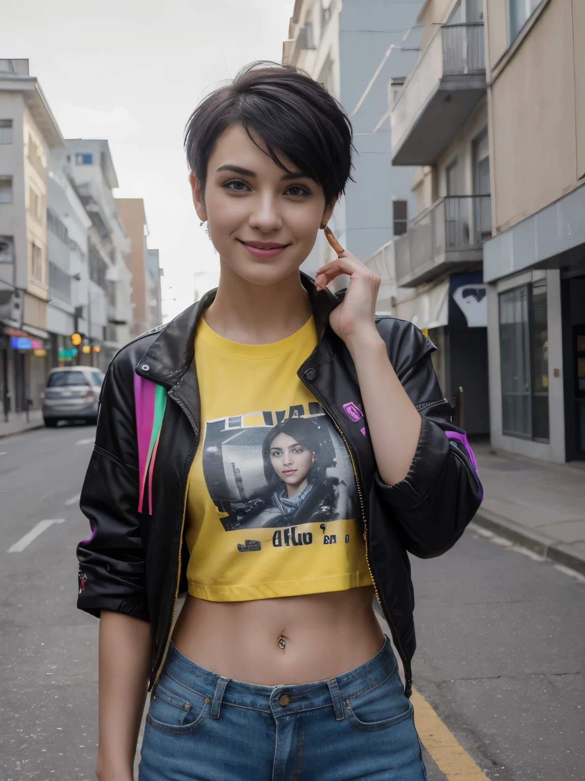 8k, RAW photo, best quality, ultra high resolution, photorealistic, slim girl with black purple short undercut haircut, eye makup, smiling, perfect hands, five fingers, Beautiful cyberpunk girl looking at camera, multicolor tech jacket, (yellow t-shirt), detailed muscles, realistic masterpiece, standing in street