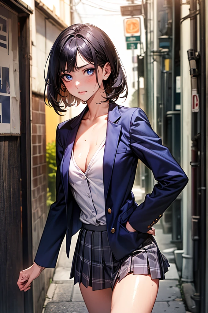 ((Perfect Anatomy:1.2,Realistic:1.3,Raw photo:1.3,masterpiece、Highest quality、Ultra - High resolution、High resolution、Extremely detailed CG、8K)),Cowboy Shot,1 female,alone,18-year-old、High school girl beautiful girl,Japanese,((Beautiful and exquisite face and eyes:1.2,Big beautiful eyes:1.3,)),Black Hair,Shortcuts,slightly larger milk,Slender body,Small Head:1.3,skinny,(White skin:1.4),(Oily skin,Glowing Skin,Shiny skin,Sweat:1.2),(school uniform、Dark blue blazer jacket、Checkered pleated mini skirt),Are standing,Dirty back alley、At night、Tokyo、A little cleavage is exposed