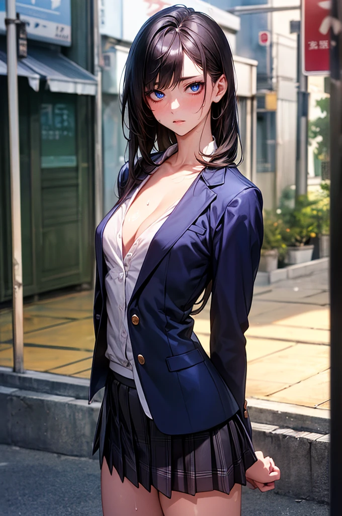 ((Perfect Anatomy:1.2,Realistic:1.3,Raw photo:1.3,masterpiece、Highest quality、Ultra - High resolution、High resolution、Extremely detailed CG、8K)),Cowboy Shot,1 female,alone,18-year-old、High school girl beautiful girl,Japanese,((Beautiful and exquisite face and eyes:1.2,Big beautiful eyes:1.3,)),Black Hair,Shortcuts,slightly larger milk,Slender body,Small Head:1.3,skinny,(White skin:1.4),(Oily skin,Glowing Skin,Shiny skin,Sweat:1.2),(school uniform、Dark blue blazer jacket、Checkered pleated mini skirt),Are standing,Dirty back alley、At night、Tokyo、A little cleavage is exposed