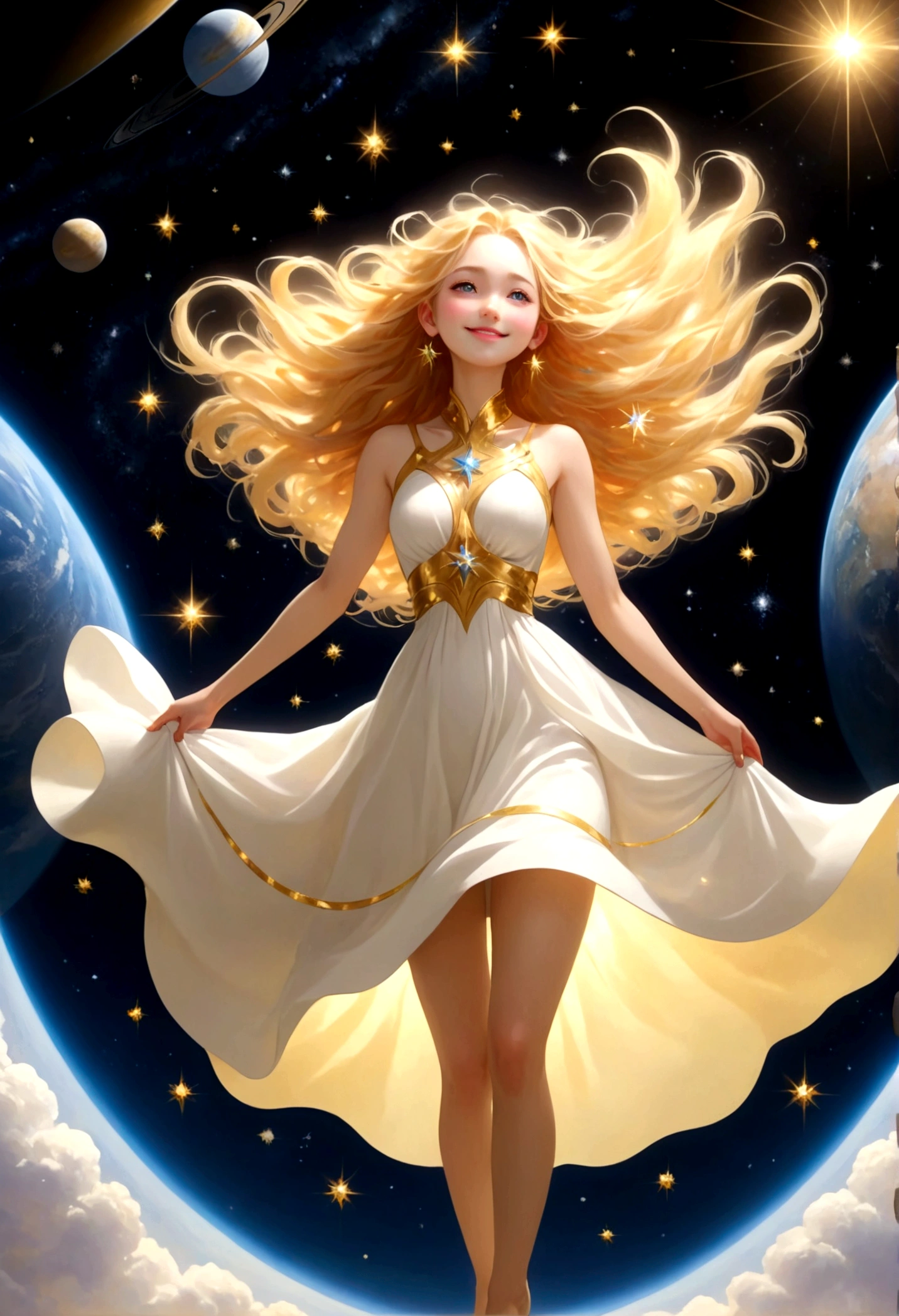 (masterpiece、best quality、high resolution、8K)、Alone in space、goddess、Shut up and smile、Standing、whole body、Super beautiful、Perfect body、White Dress、(floating in the sky like a star、floating、floating)、金色のLightがwhole bodyを包んでいる、whole bodyがLightの中にある、Look down on the earth、(目がくらむほどのLight、Light、Light)、宇宙はLightに満ちている、Dynamic Movement、The Universe is Infinite、