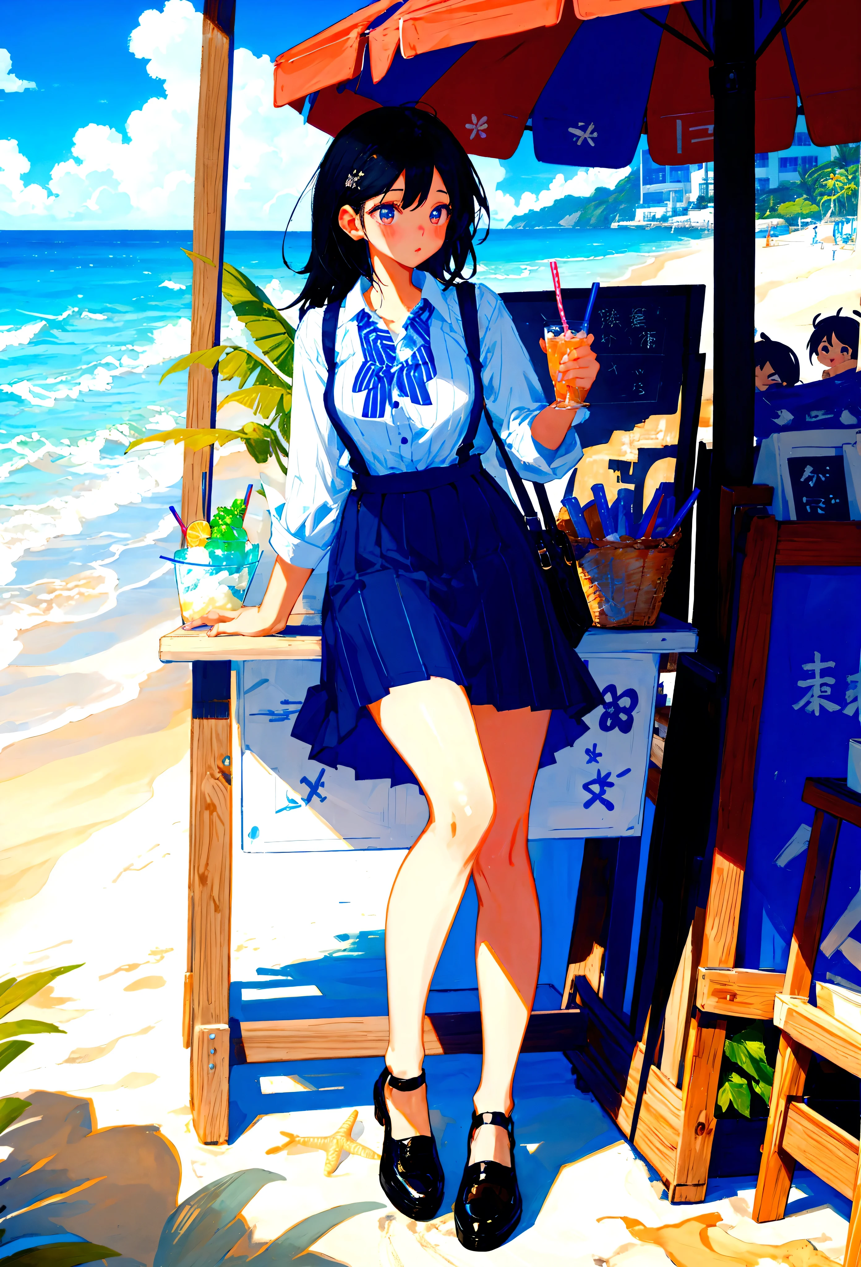 Beach drink shop,Black hair girl,Wearing a blue striped suspender skirt