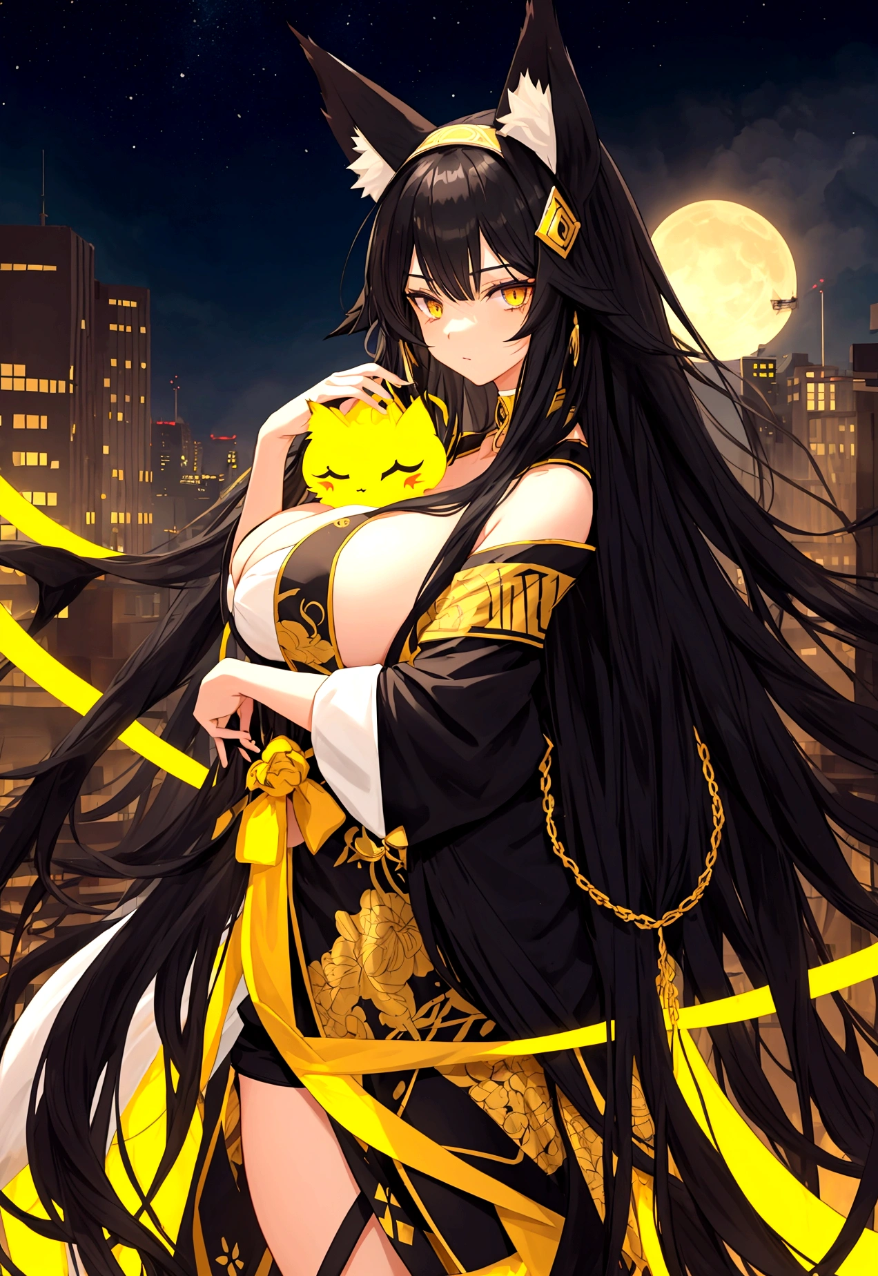 black hair, yellow eyes, My hair is very long., Big Hair, tall woman, fox ears, black shorts, night sky, city, big breasts!!, Many women., black headband, older,